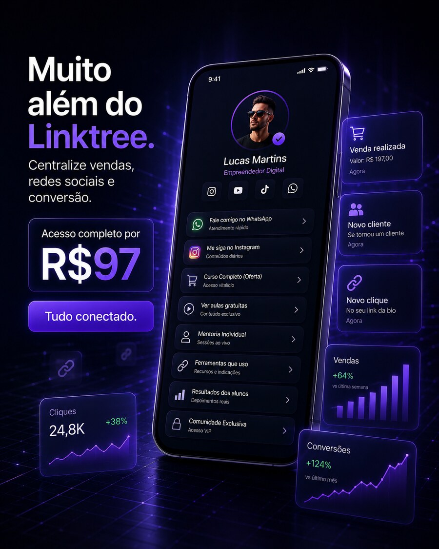 Página MeuLink exibida em um celular com avatar, bio e botões de links personalizados